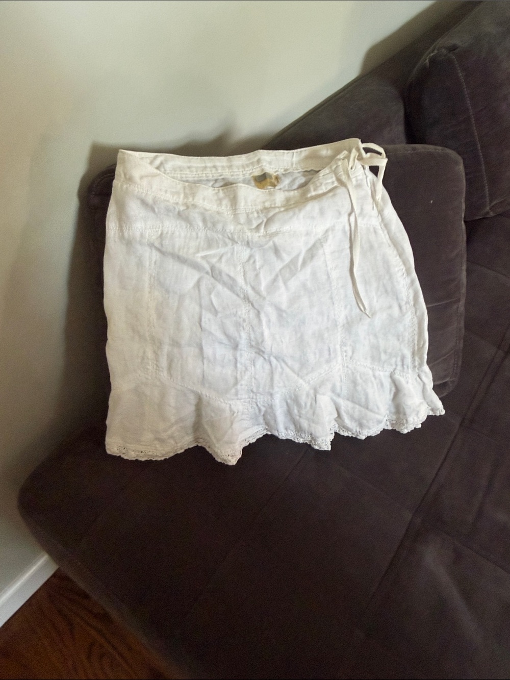 White Linen Skirt with Lace Trim